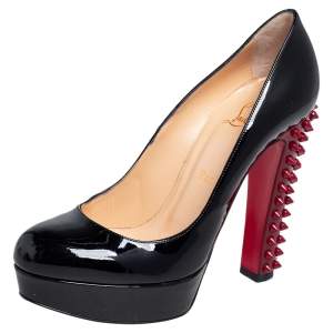 Pre Owned Christian Louboutin Black Patent Leather Studded Taclou Platform Pumps Size 38.5