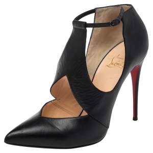 Pre Owned Christian Louboutin Black Leather Ankle Strap Pointed Toe Booties Size 40