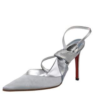 Christian Louboutin Silver Satin And Metallic Leather Pointed Toe Slingback Sandals Size 37