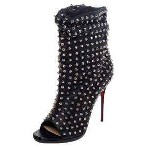 Pre Owned Christian Louboutin Black Spiked Leather Guerilla Peep Toe Slouchy Ankle Boots Size 39.5