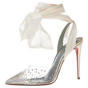 مملوكة مسبقًا Christian Louboutin White Lace and PVC Spikaqueen Studded Accents Wrap Up Pumps Size 38