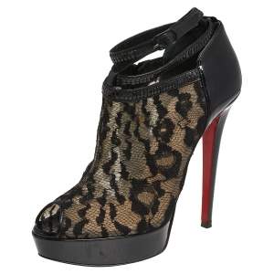 Pre Owned Christian Louboutin Black Patent Leather And Lace Booties Size 38