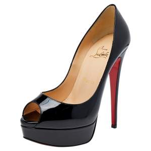 Christian Louboutin Black Patent Leather Lady Peep Toe Platform Pumps Size 37