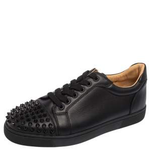 Christian Louboutin Black Leather Louis Junior Spikes Low Top Sneakers Size 38