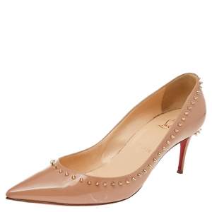 Christian Louboutin Beige Patent Leather Anjalina Spike Trim Pointed Toe Pumps Size 38