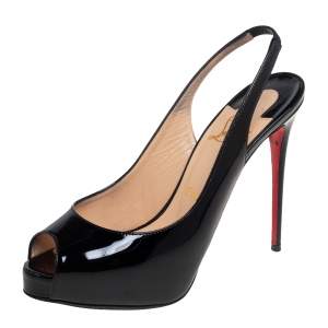 Christian Louboutin Black Patent Leather Lady Peep Platform Slingback Sandals Size 37.5