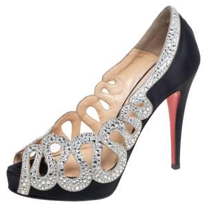 Christian Louboutin Silver/Black Satin And Cut Out Leather Embellished Peep Toe Pumps Size 36.5