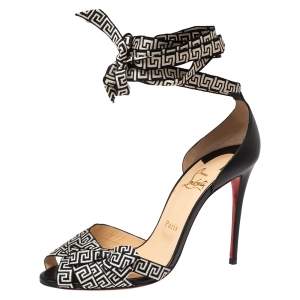 Christian Louboutin Black/Monochrome Leather And Fabric Christeriva  Ankle Wrap Sandals Size 39