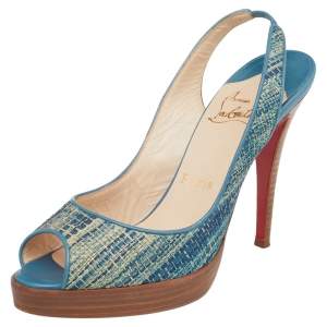 Christian Louboutin Blue Raffia and Leather Yoyo Slingback Pumps Size 38