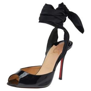 Christian Louboutin Black Patent Leather And Fabric De Chine Ankle Wrap Sandals Size 40.5 