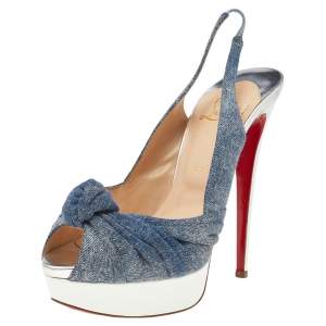 Christian Louboutin Blue Denim Jenny Knotted Slingback Platform Sandals Size 39