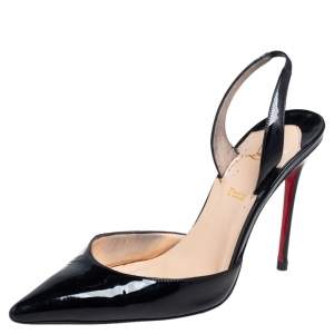 Pre Owned Christian Louboutin Black Patent Leather Pointed Toe Slingback Sandals Size 38.5
