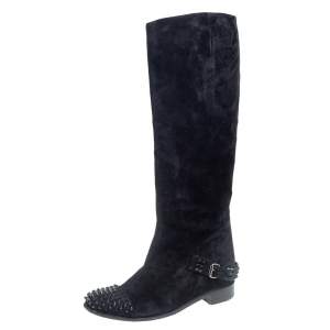 Pre Owned Christian Louboutin Black Suede Spike Cap Toe Egoutina Knee Boots Size 39
