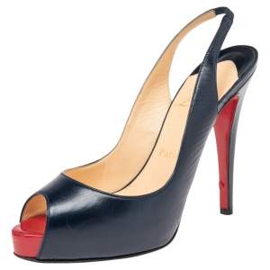 Christian Louboutin Navy Blue Leather Private Number Platform Slingback Sandals Size 38