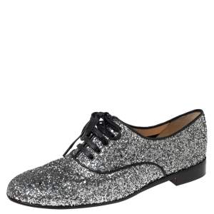 Christian Louboutin Silver Glitter Fred Lace Up Oxfords Size 39.5