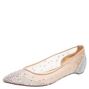 Pre Owned Christian Louboutin Silver/Beige Mesh and Glitter Follies Strass Ballet Flats Size 35.5