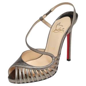 مملوكة مسبقًا Christian Louboutin Metallic Bronze Leather Scoubridou Asymmetric Peep Toe Sandals Size 36