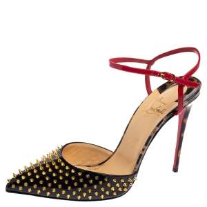 مملوكة مسبقًا صندل كريستيان لوبوتان بايلا جلد أسود لامع مرصع سبايك سير كاحل مقاس 39