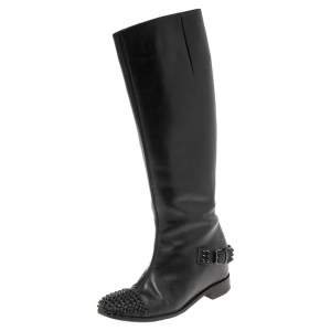 Christian Louboutin Black Leather Egoutina Spiked Cap Toe Knee Length Boots Size 36