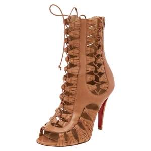 Pre Owned Christian Louboutin Brown Leather Cage Ankle Boots Size 37.5