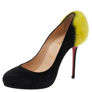 Pre Owned Christian Louboutin Black/Yellow Suede And Fur Achilda Pumps Size 36