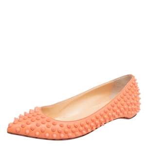 Pre Owned Christian Louboutin Orange Leather Pigalle Spike Ballet Flats Size 37