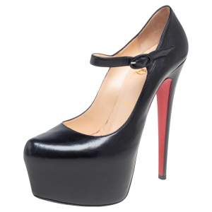 مملوكة مسبقًا Christian Loubouton Black Leather Daffodile Mary Jane Platform Pumps Size 38