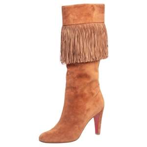 Pre Owned Christian Louboutin Tan Suede Majung 85 Fringe Mid Calf Boots Size 39.5