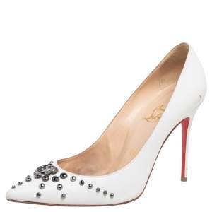Christian Louboutin White Leather Door Knock Studded Pumps Size 37.5