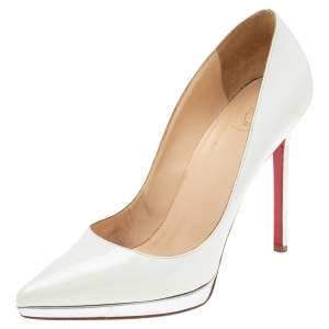 Pre Owned Christian Louboutin White-Silver Patent Leather Pigalle Plato Pointed Toe Pumps Size 40