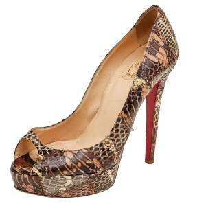 Christian Louboutin Brown Watersnake Patchwork Banana Peep Toe Platform Pumps Size 37.5