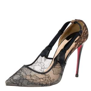 Pre Owned Christian Louboutin Black Lace And Satin Hot Jeanbi 100 Pointed Pumps Size 37.5