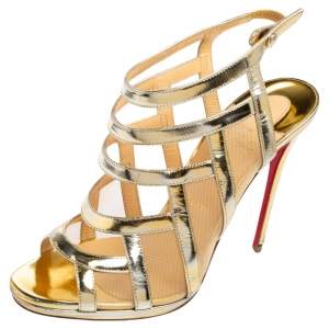 Christian Louboutin Metallic Gold Mesh And Leather Nicole Caged Sandals Size 38.5