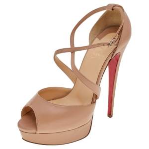 مملوكة مسبقًا Christian Louboutin Beige Leather Cross Me Crisscross Platform Sandals Size 38.5