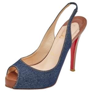 Christian Louboutin Blue Denim Fabric Lady Peep Toe Slingback Platform Sandals Size 36