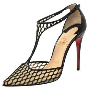 Christian Louboutin Black Lace And Mesh Salonu Pointed Toe T Strap Sandals Size 37.5