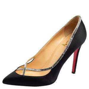 Pre Owned Christian Louboutin Black Satin Crystal Embellished Trim Pointed-Toe Pumps Size 40