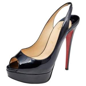Christian Louboutin Black Patent Leather Lady Peep Toe Platform Sandals Size 38.5