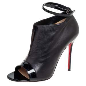 مملوكة مسبقًا Christian Louboutin Black Leather And Patent Open Toe Booties Size 38