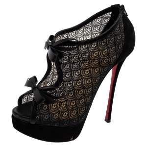 Pre Owned Christian Louboutin Black Lace, Leather and Suede Empiralta Bow Peep-Toe Booties Size 36