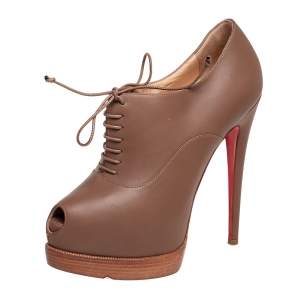 Christian Louboutin Light Brown Leather Miss Poppins Lace-Up Peep-Toe Platform Booties Size 36