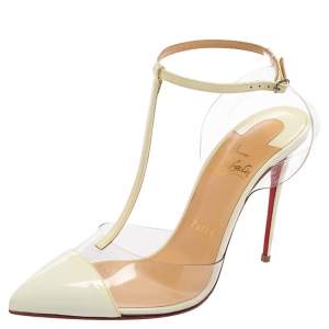 Christian Louboutin Off-White Patent Leather and PVC Nosy T-Bar Pumps Size 38.5