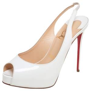 مملوكة مسبقًا Christian Louboutin White Patent Leather Private Number Peep Toe Slingback Sandals Size 35
