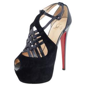 Pre Owned Christian Louboutin Black Leather And Suede Cross Street Strappy Platform Sandals Size 38