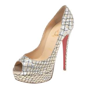 Christian Louboutin Two-Tone Lurex Fabric Lady Peep Toe Platform Pumps Size 38
