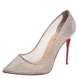 Pre Owned Christian Louboutin Silver Mesh and Leather Follies Resille Pointed Toe Pumps Size 38.5