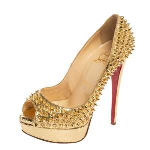 Pre Owned Christian Louboutin Metallic Gold Python Embossed Leather Lady Peep Toe Pumps Size 37