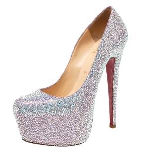 Christian Louboutin Pink/Silver Crystal Embellished Suede Daffodile Platform Pumps Size 37