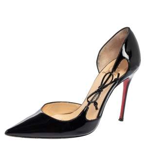 Christian Louboutin Black Patent Leather Bow D'orsay Pointed-Toe Pumps Size 37.5