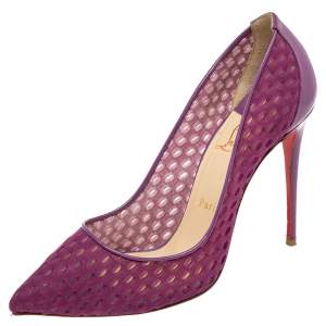 مملوكة مسبقًا حذاء كعب عالي كريستيان لوبوتان فوليس ريسيل جلد لامع وشبك ماغينتا مقاس 38.5